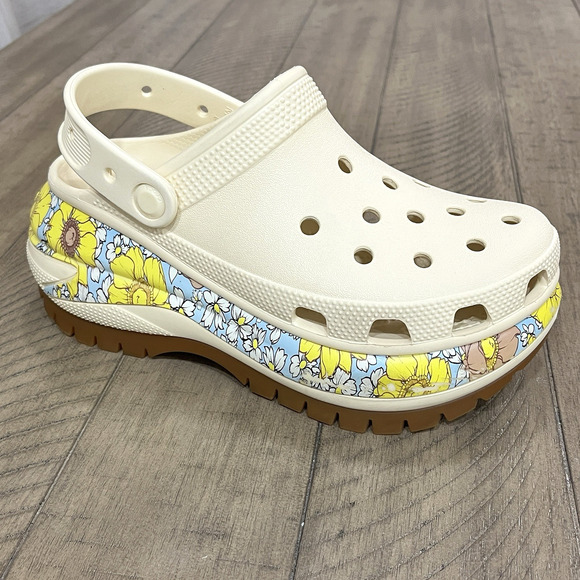 CROCS Shoes - Crocs Mega Crush Retro Floral Clogs Womens W6 Vanilla Yellow Blue Platform Shoes